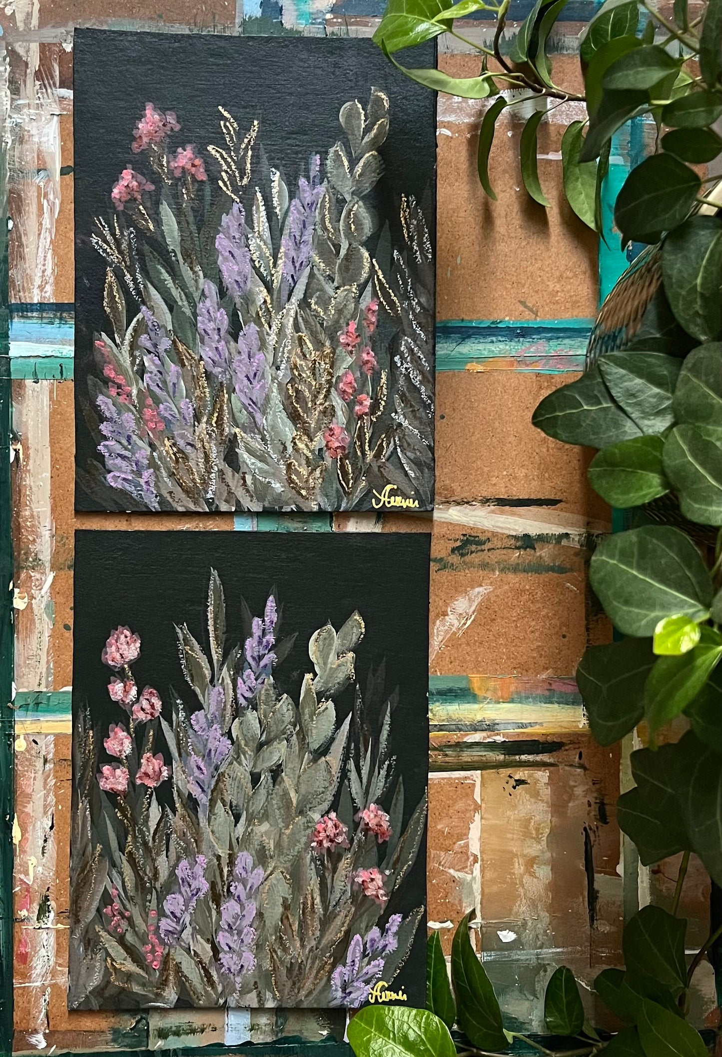 Wild flowers on dark - set of two