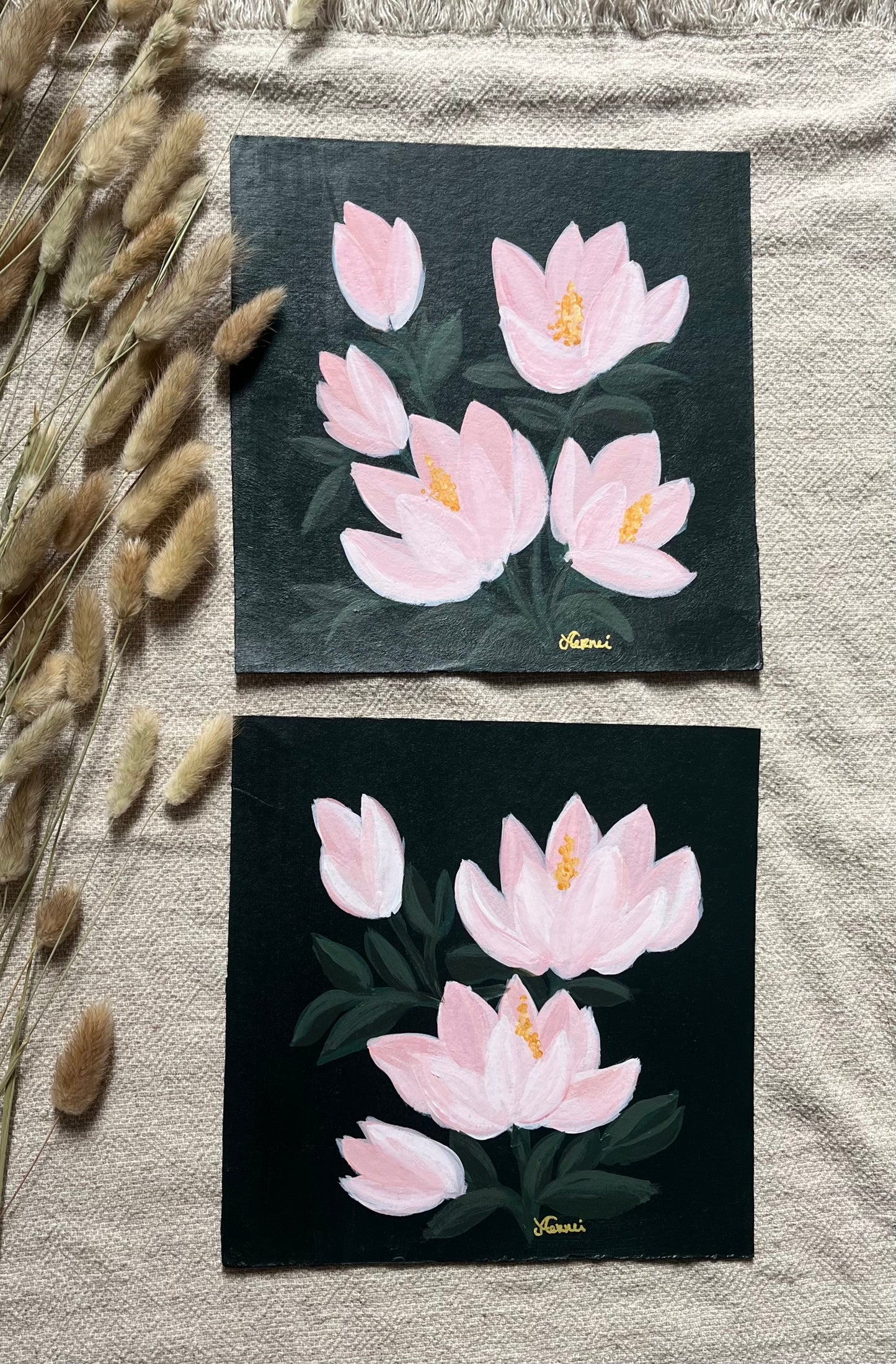 Pink flowers on dark - ser of two