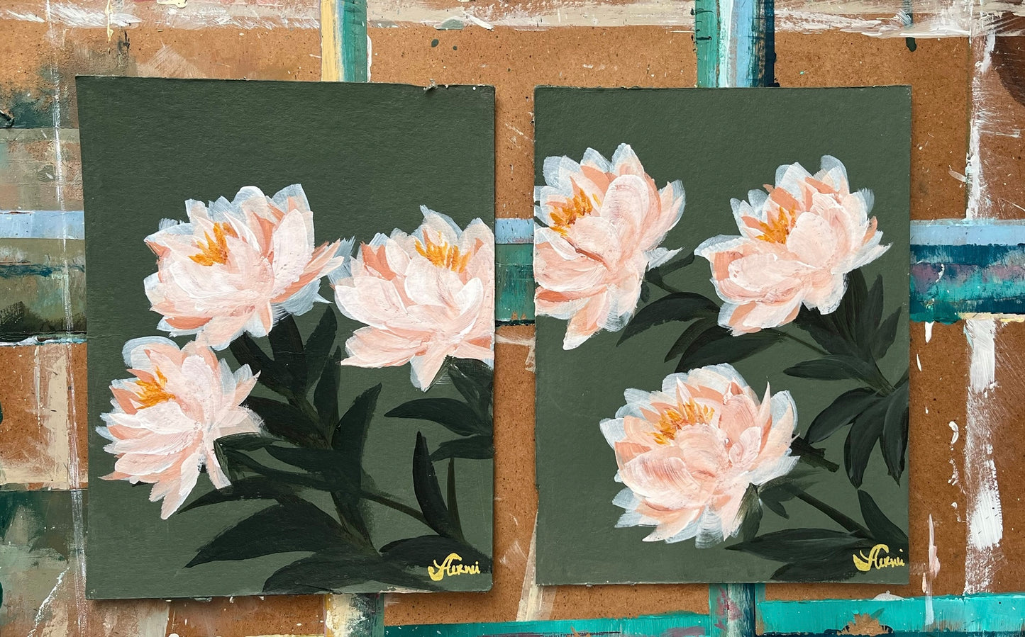 Peach flower on green - set of two