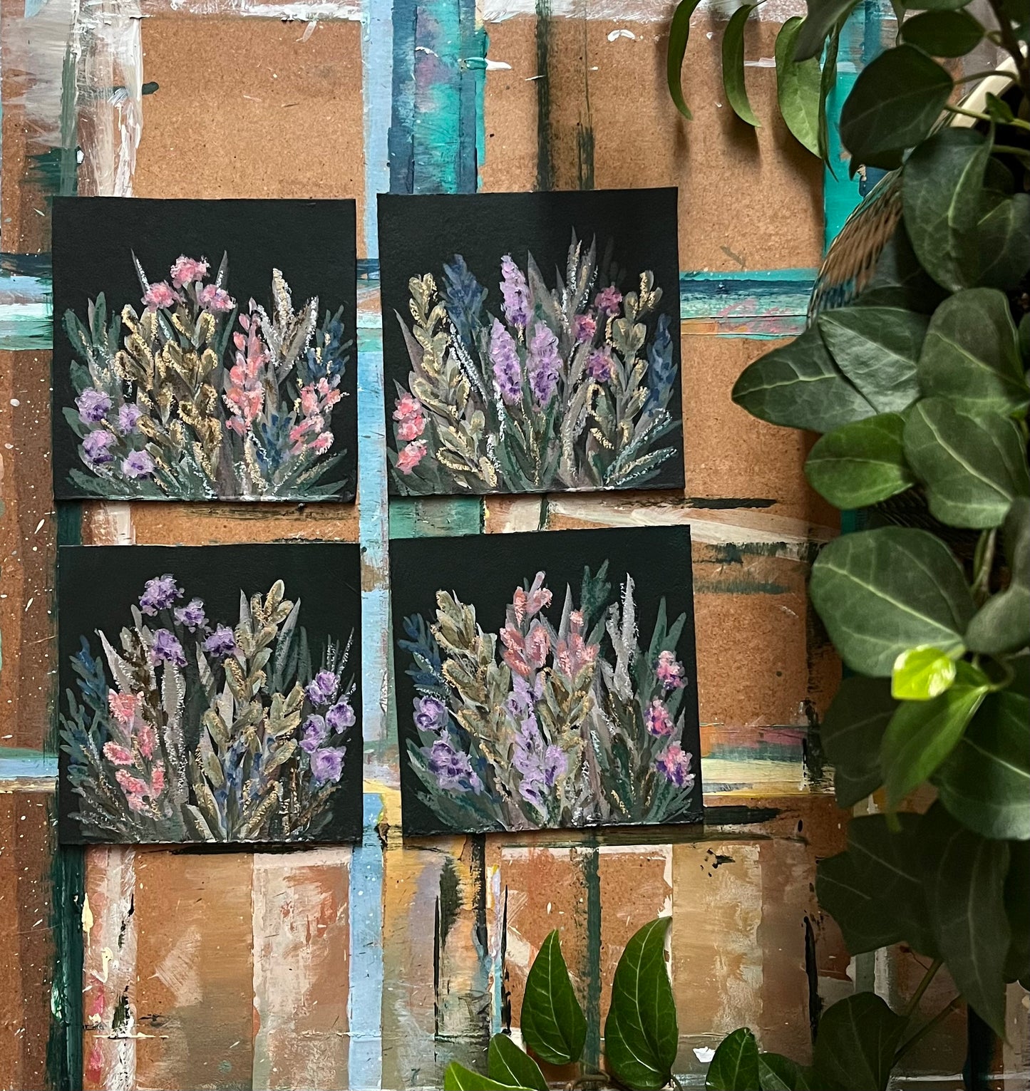 Wild flowers on dark - set of four