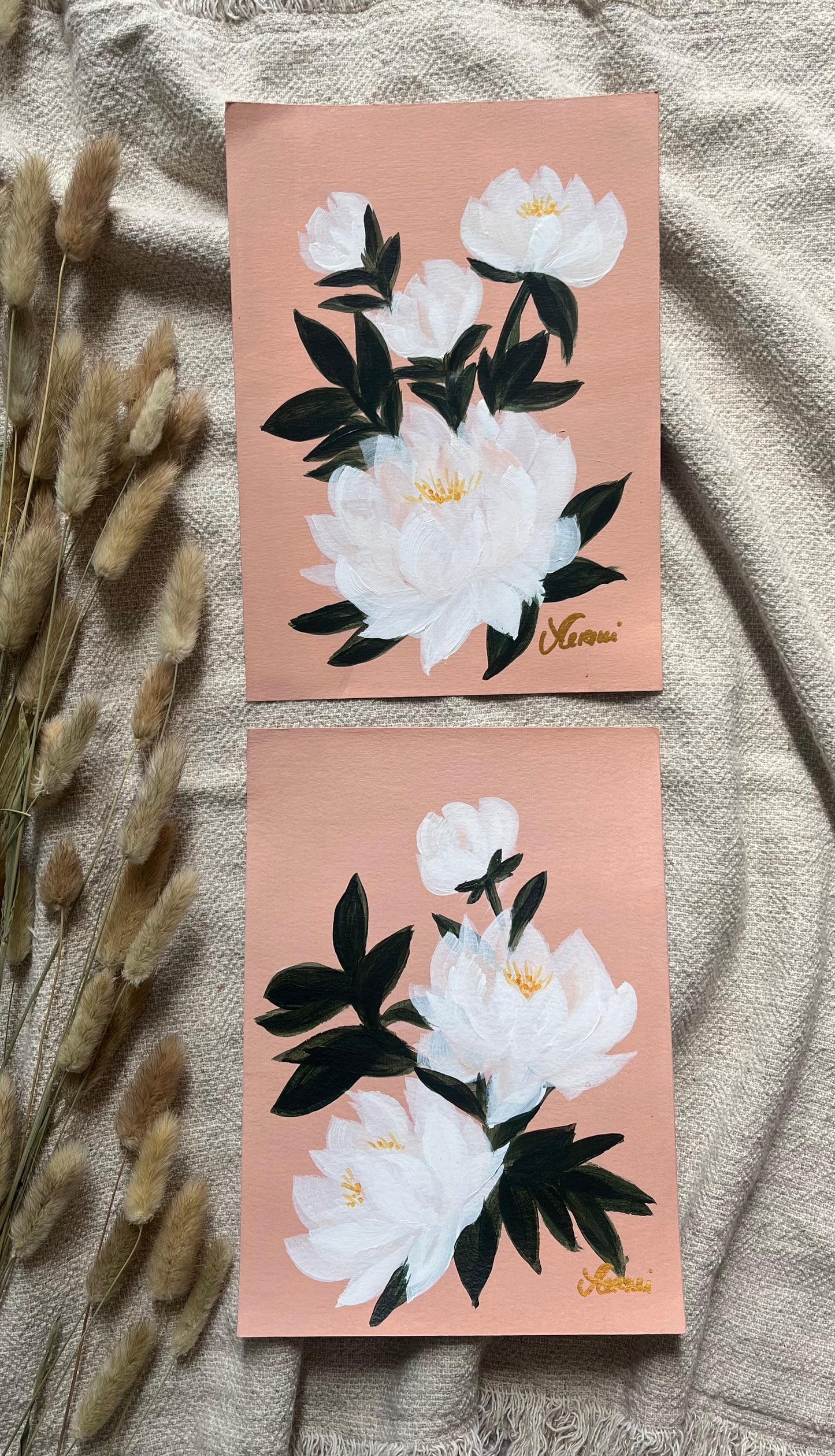 White flowers on light peach - set of two