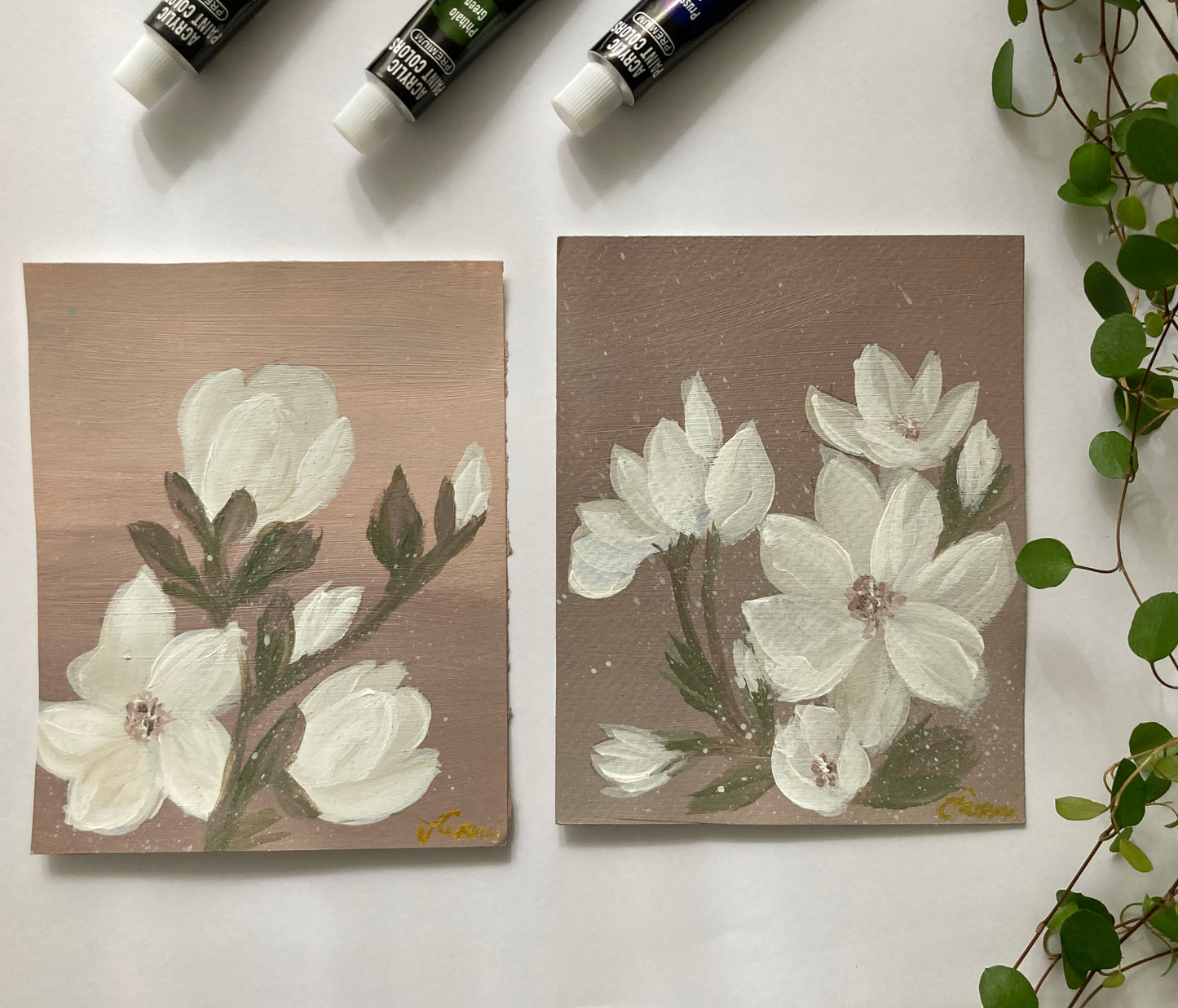 White flower on old pink - set of two